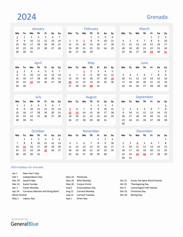 Basic Yearly Calendar with Holidays in Grenada for 2024 