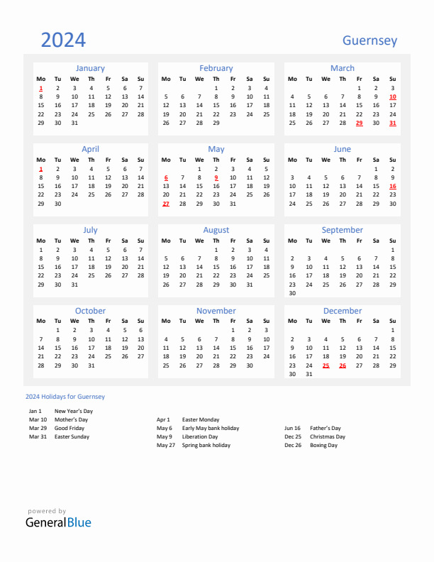 Basic Yearly Calendar with Holidays in Guernsey for 2024 