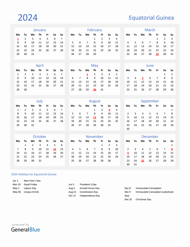 Basic Yearly Calendar with Holidays in Equatorial Guinea for 2024 