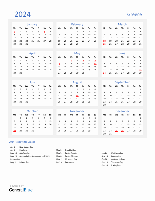 Basic Yearly Calendar with Holidays in Greece for 2024 