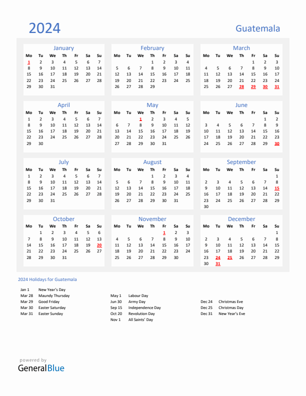 Basic Yearly Calendar with Holidays in Guatemala for 2024 