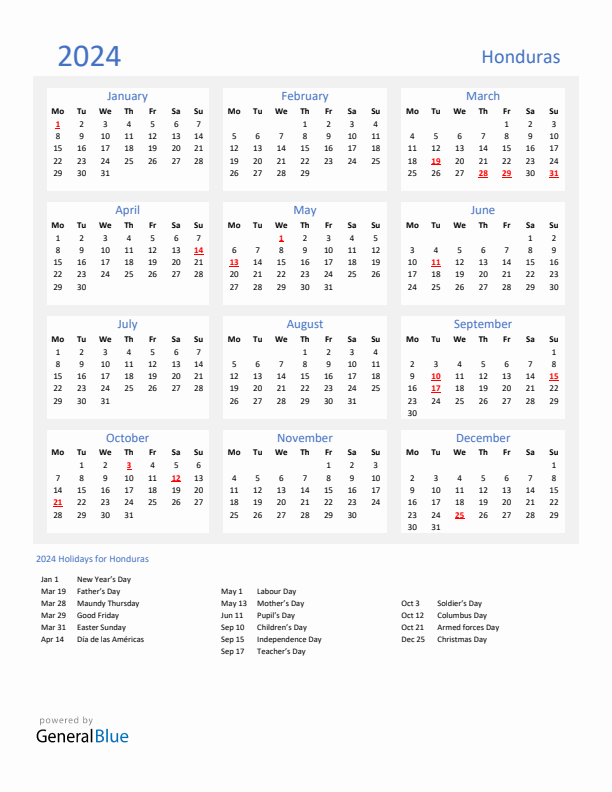 Basic Yearly Calendar with Holidays in Honduras for 2024 