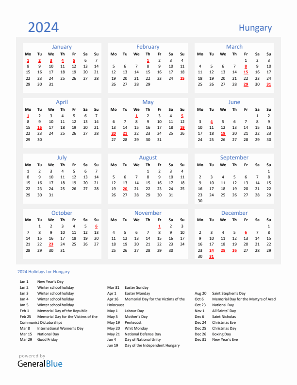 Basic Yearly Calendar with Holidays in Hungary for 2024 