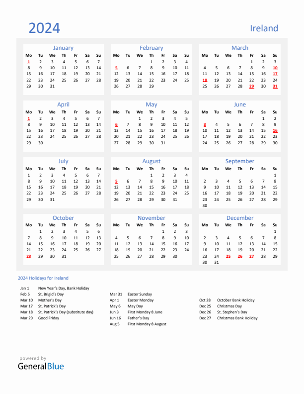 Basic Yearly Calendar with Holidays in Ireland for 2024 