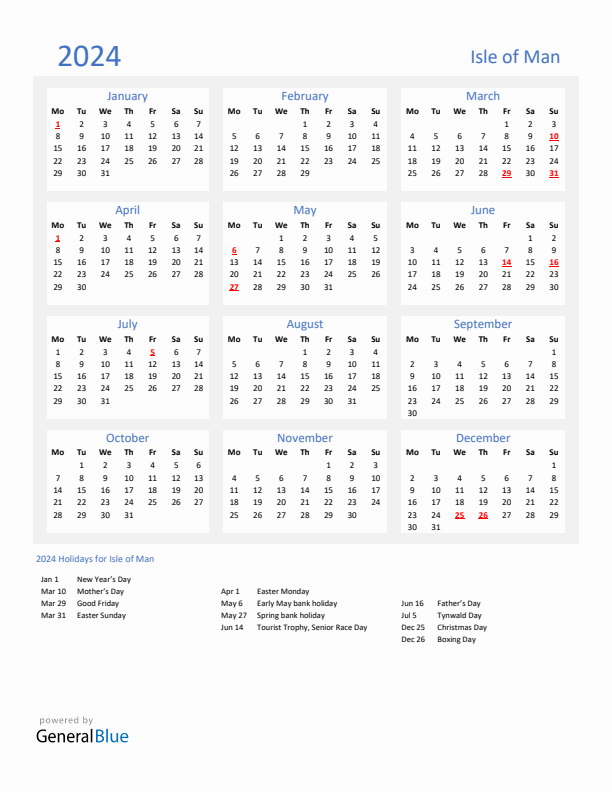 Basic Yearly Calendar with Holidays in Isle of Man for 2024 