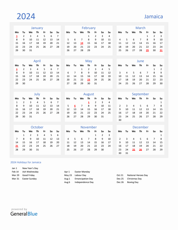 Basic Yearly Calendar with Holidays in Jamaica for 2024 