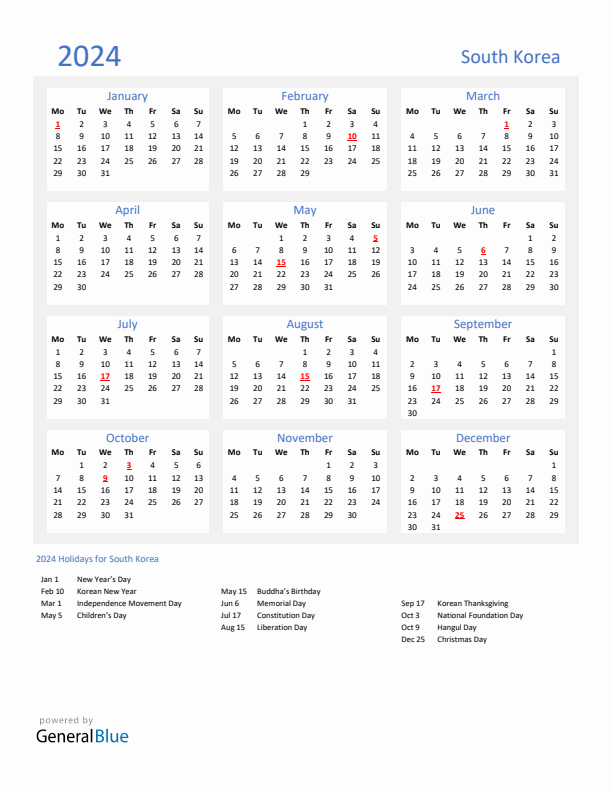 Basic Yearly Calendar with Holidays in South Korea for 2024 