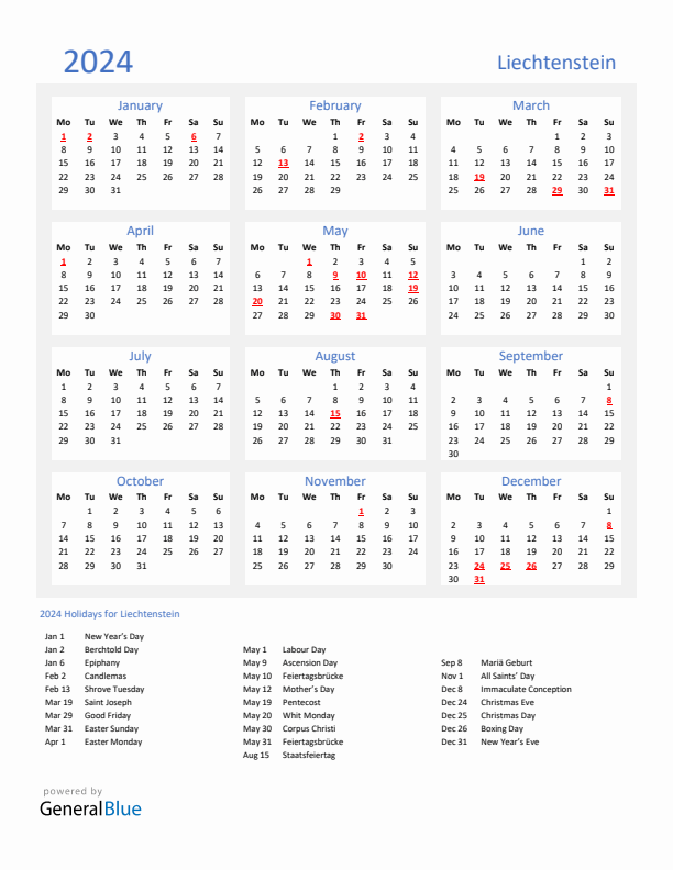 Basic Yearly Calendar with Holidays in Liechtenstein for 2024 