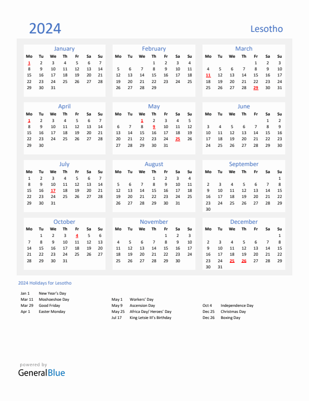 Basic Yearly Calendar with Holidays in Lesotho for 2024 