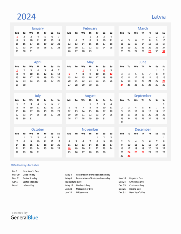 Basic Yearly Calendar with Holidays in Latvia for 2024 