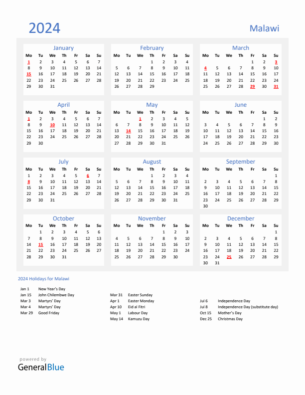 Basic Yearly Calendar with Holidays in Malawi for 2024 