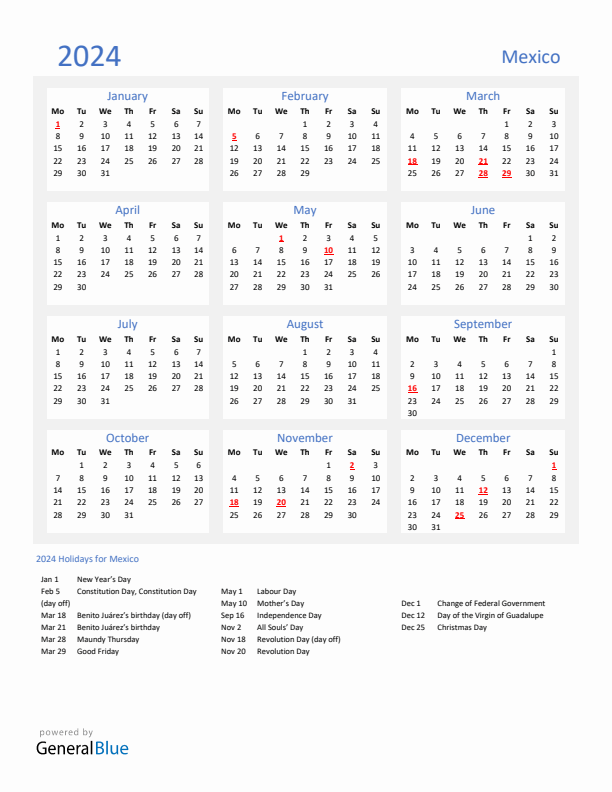 Basic Yearly Calendar with Holidays in Mexico for 2024 