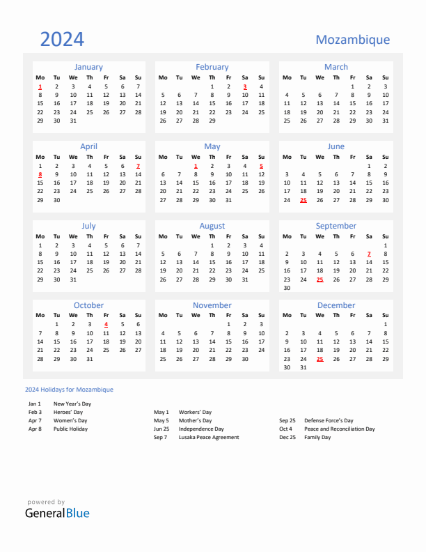 Basic Yearly Calendar with Holidays in Mozambique for 2024 