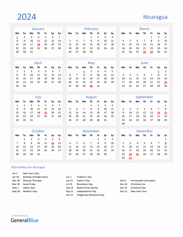 Basic Yearly Calendar with Holidays in Nicaragua for 2024 