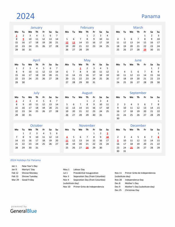 Basic Yearly Calendar with Holidays in Panama for 2024 