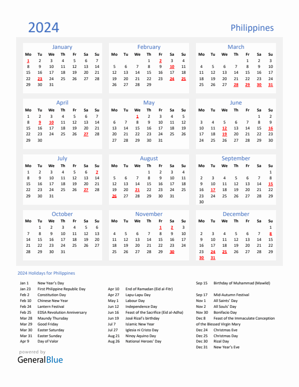 Basic Yearly Calendar with Holidays in Philippines for 2024 