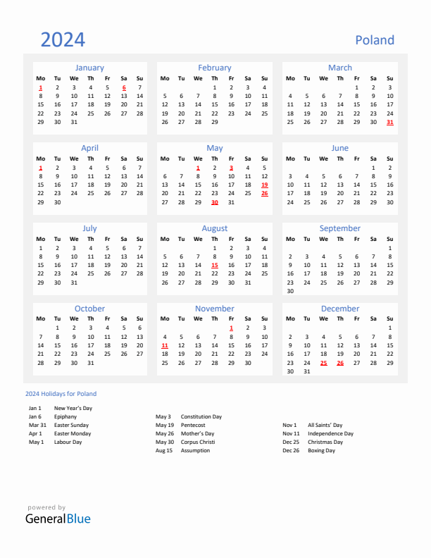 Basic Yearly Calendar with Holidays in Poland for 2024 