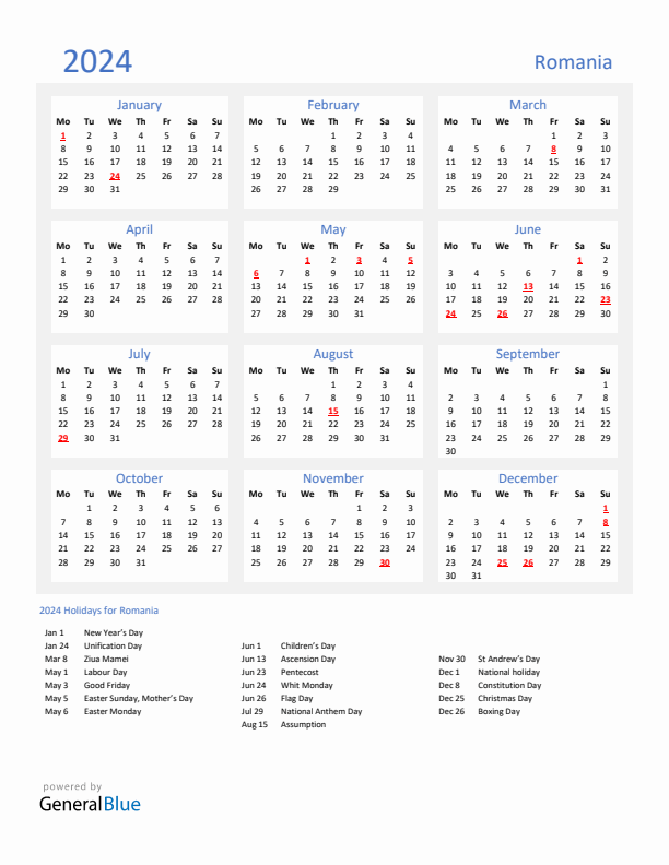 Basic Yearly Calendar with Holidays in Romania for 2024 