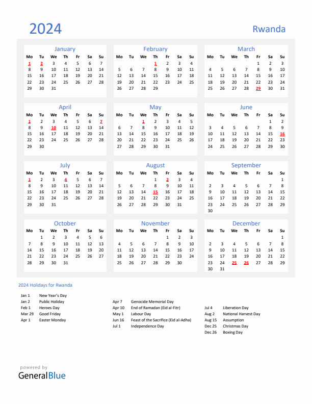 Basic Yearly Calendar with Holidays in Rwanda for 2024 