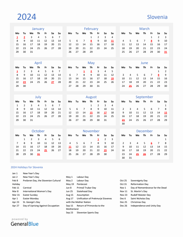 Basic Yearly Calendar with Holidays in Slovenia for 2024 