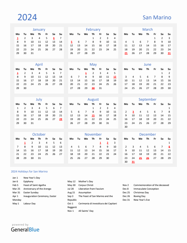 Basic Yearly Calendar with Holidays in San Marino for 2024 