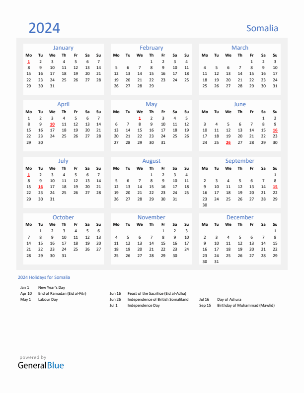 Basic Yearly Calendar with Holidays in Somalia for 2024 