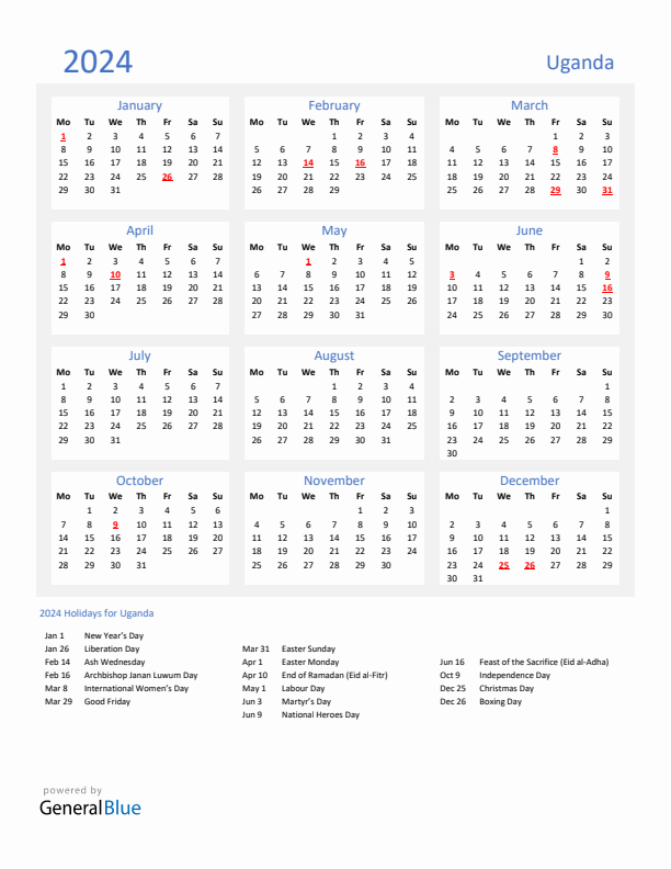 Basic Yearly Calendar with Holidays in Uganda for 2024 