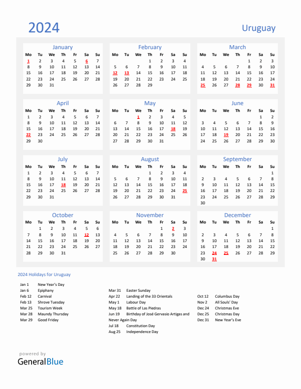 Basic Yearly Calendar with Holidays in Uruguay for 2024 