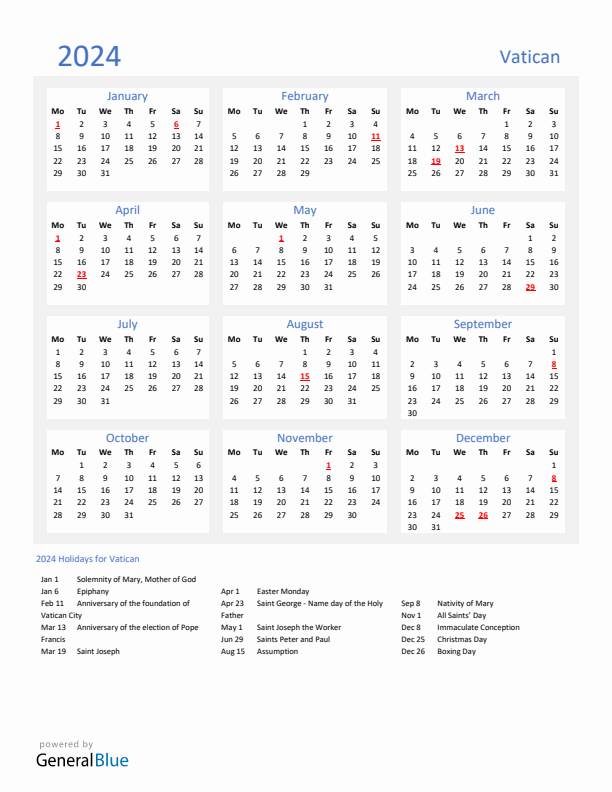 Basic Yearly Calendar with Holidays in Vatican for 2024 