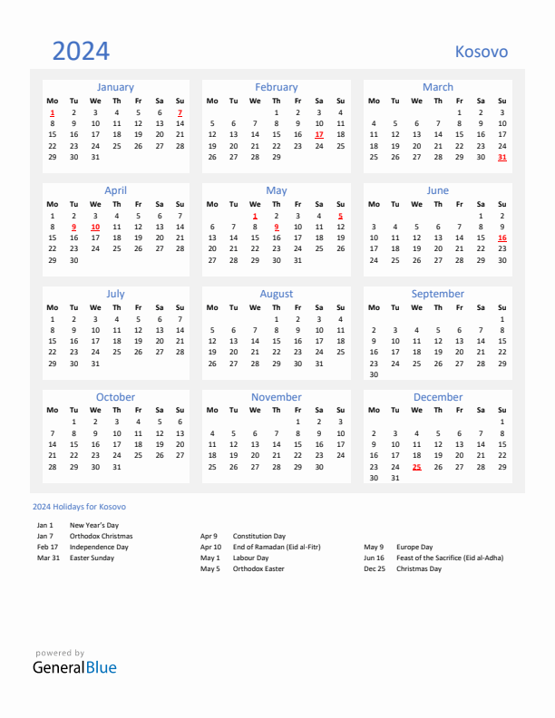 Basic Yearly Calendar with Holidays in Kosovo for 2024 