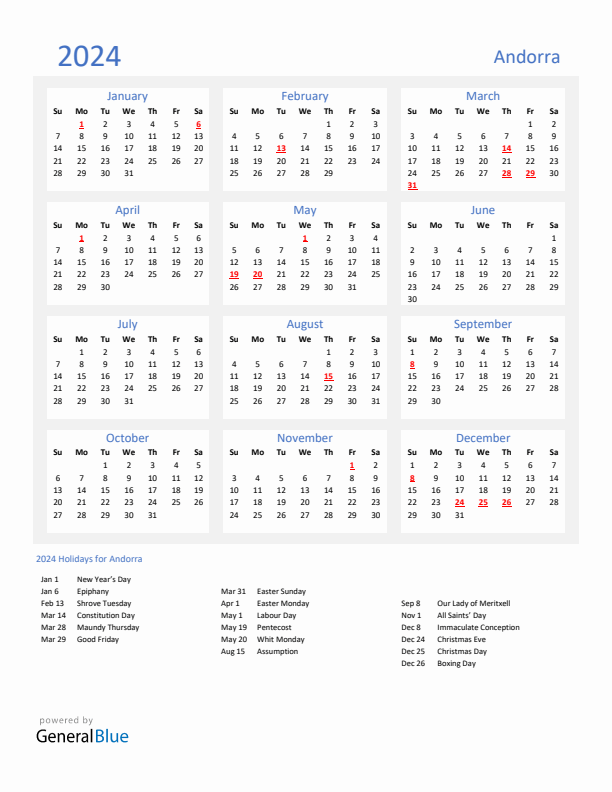 Basic Yearly Calendar with Holidays in Andorra for 2024 