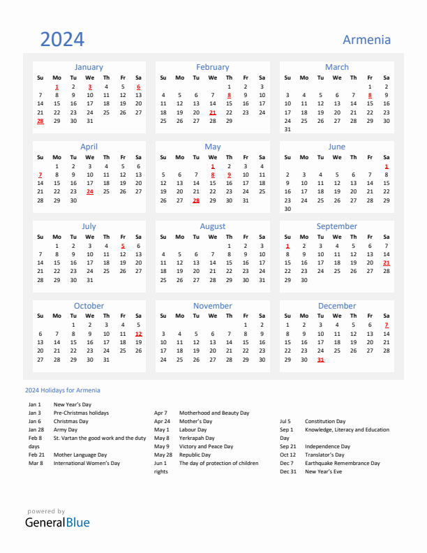 Basic Yearly Calendar with Holidays in Armenia for 2024 