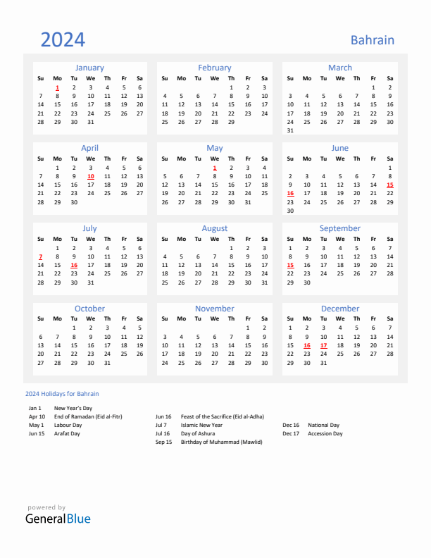 Basic Yearly Calendar with Holidays in Bahrain for 2024 