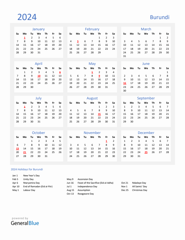 Basic Yearly Calendar with Holidays in Burundi for 2024 