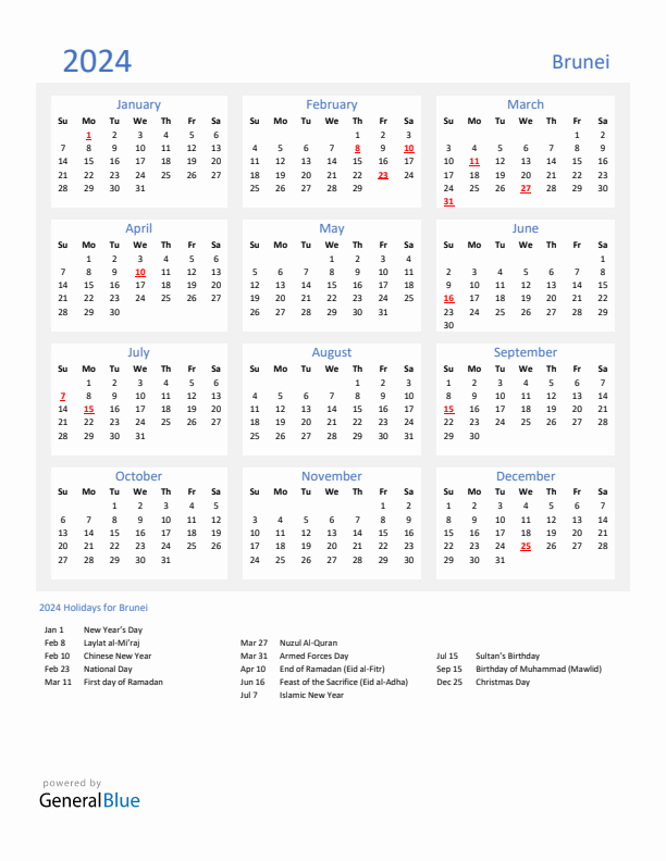 Basic Yearly Calendar with Holidays in Brunei for 2024 