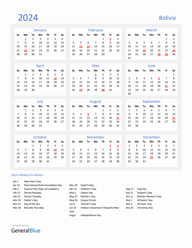 Basic Yearly Calendar with Holidays in Bolivia for 2024 