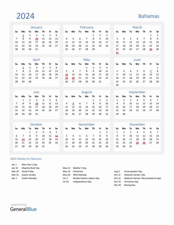 Basic Yearly Calendar with Holidays in Bahamas for 2024 