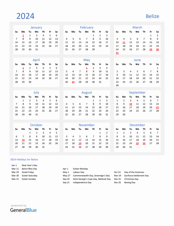 Basic Yearly Calendar with Holidays in Belize for 2024 