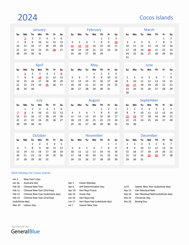 Basic Yearly Calendar with Holidays in Cocos Islands for 2024 