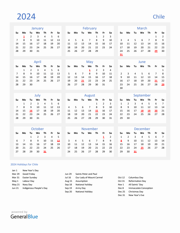 Basic Yearly Calendar with Holidays in Chile for 2024 