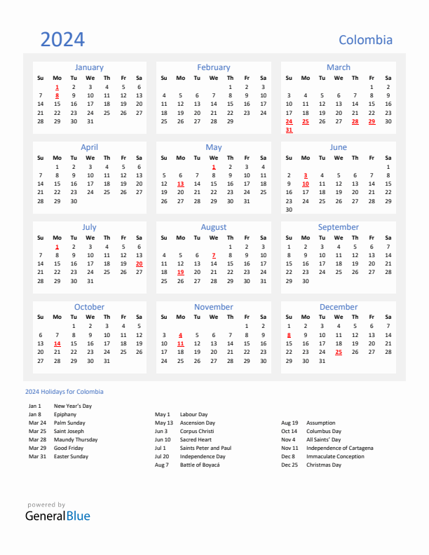 Basic Yearly Calendar with Holidays in Colombia for 2024 