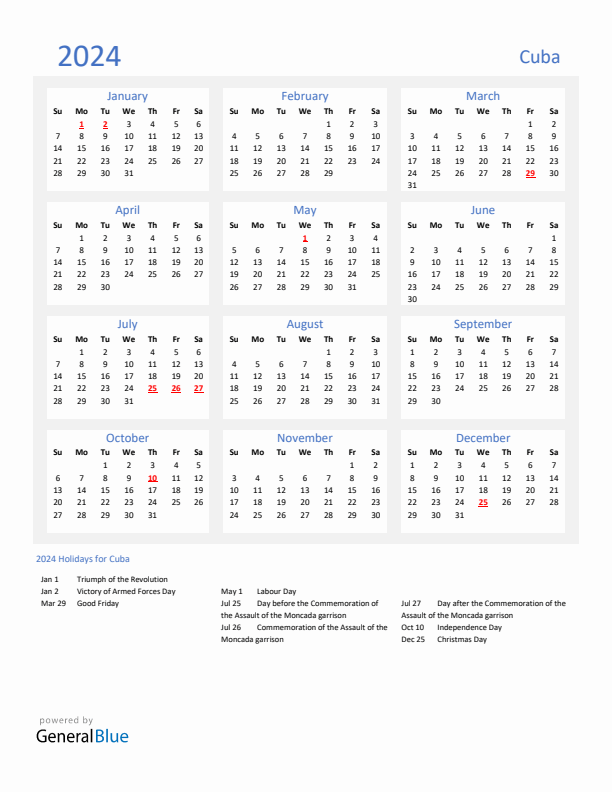 Basic Yearly Calendar with Holidays in Cuba for 2024 