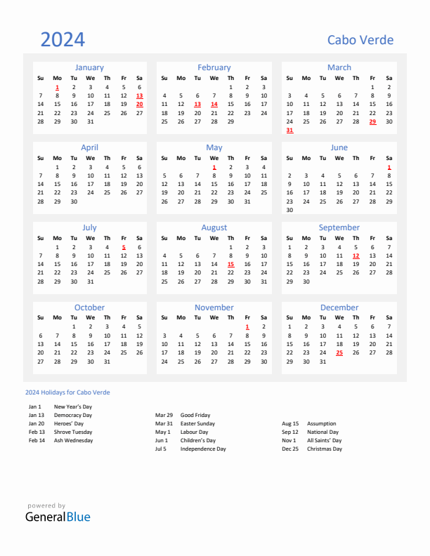 Basic Yearly Calendar with Holidays in Cabo Verde for 2024 