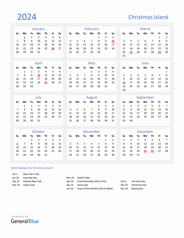 Basic Yearly Calendar with Holidays in Christmas Island for 2024 