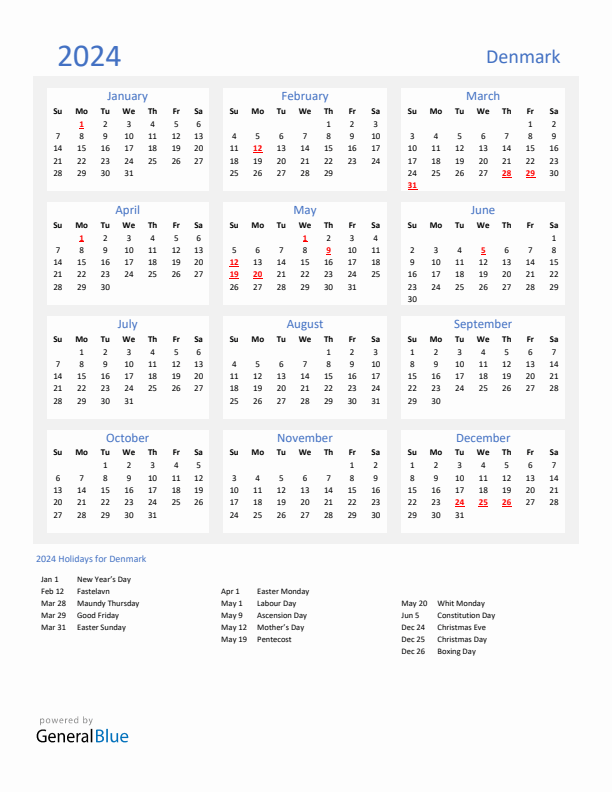 Basic Yearly Calendar with Holidays in Denmark for 2024 