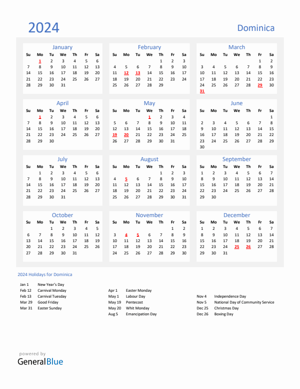 Basic Yearly Calendar with Holidays in Dominica for 2024 