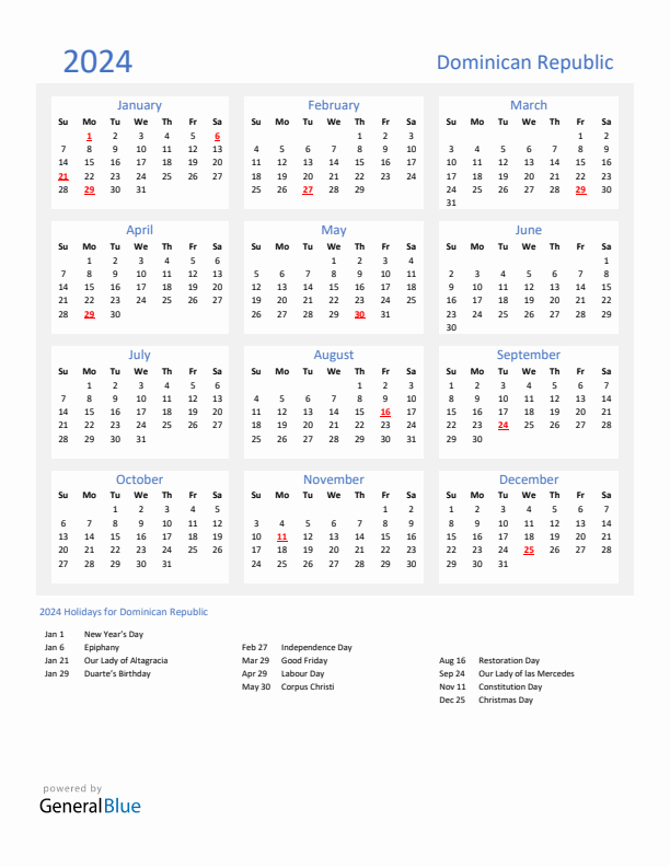 Basic Yearly Calendar with Holidays in Dominican Republic for 2024 