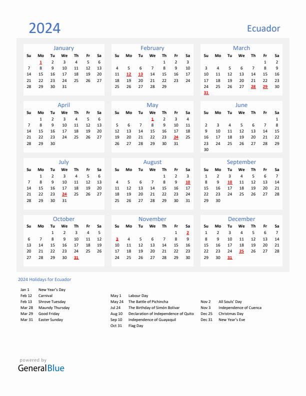 Basic Yearly Calendar with Holidays in Ecuador for 2024 