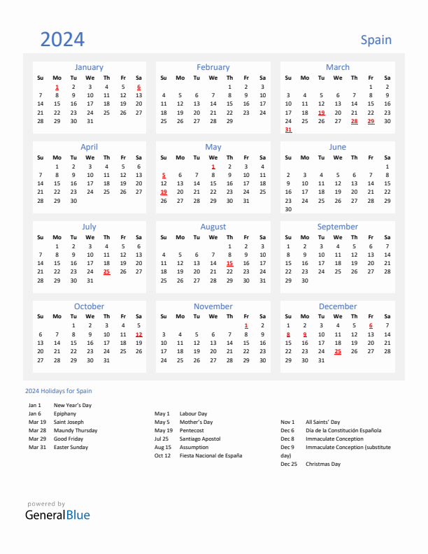 Basic Yearly Calendar with Holidays in Spain for 2024 