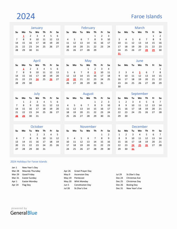 Basic Yearly Calendar with Holidays in Faroe Islands for 2024 